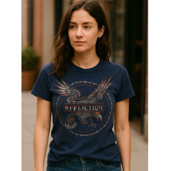 Affliction American Customs Raptor Graphic Tiny T-Shirt Women Sz S Crop Raw Hem - Picture 1 of 12